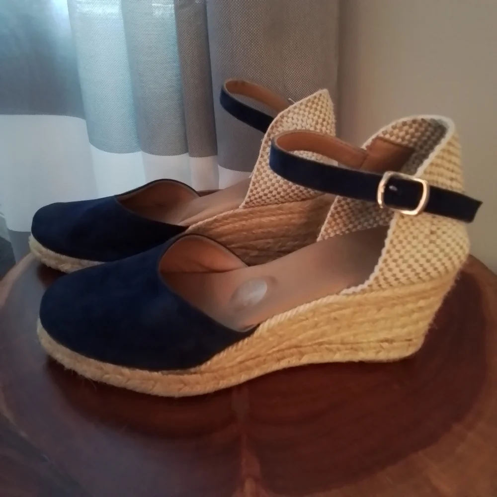 Paseart Navy Blue Suede Closed Toe Espadrille Wedge Shoes - 38/7.5